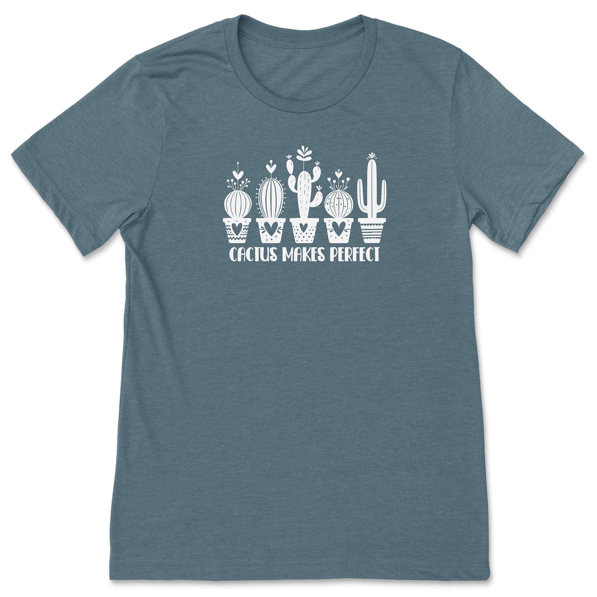 A slate blue, funny cactus t-shirt for plant lovers, that says "Cactus Makes Perfect."