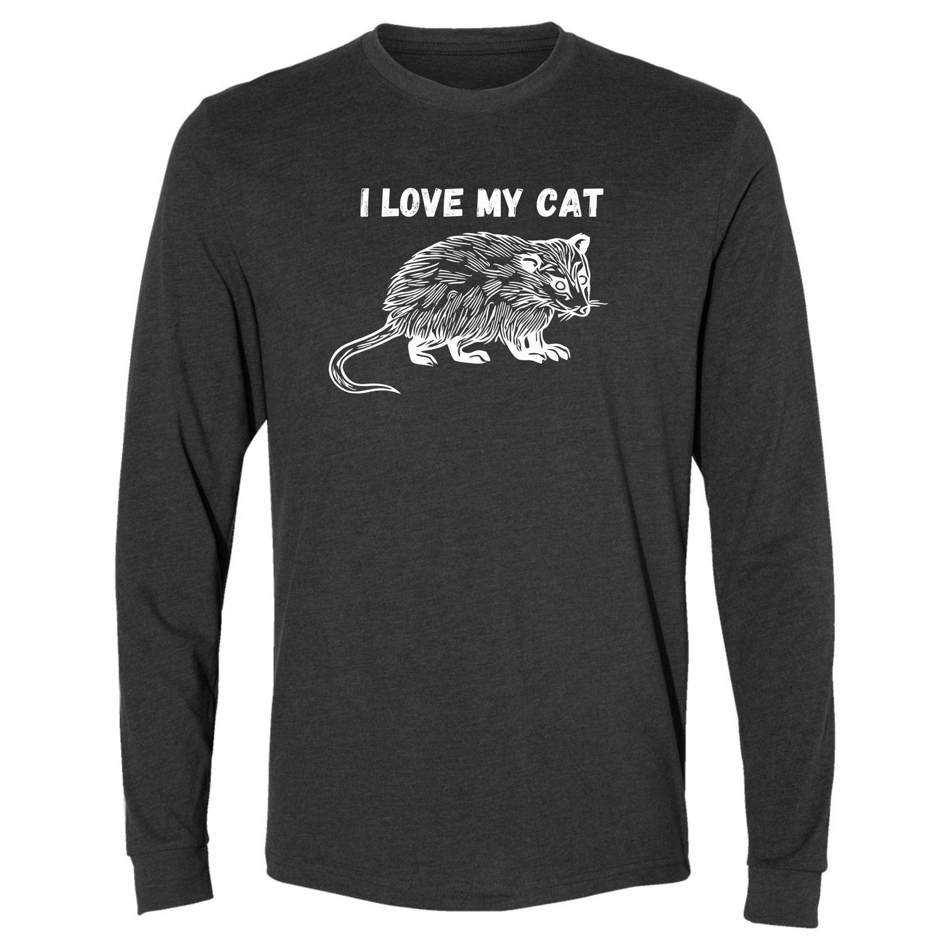 A gray, long-sleeve, funny possum shirt for animal lovers that has an image of a possum and says, "I love my cat."