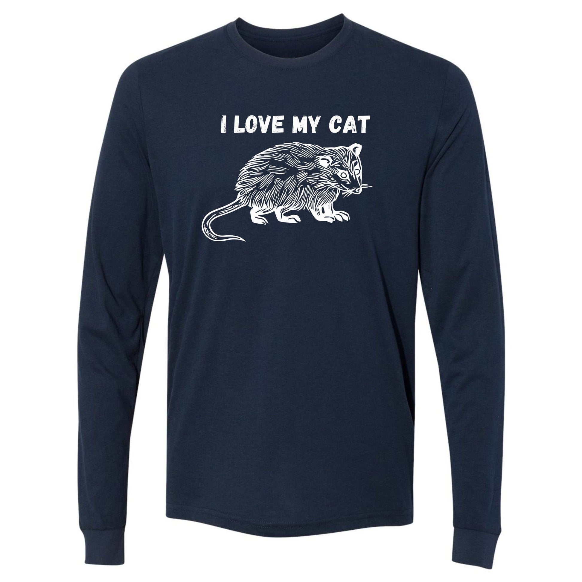 A navy, long-sleeve, funny opossum shirt for animal lovers that has an image of a possum and says, "I love my cat."