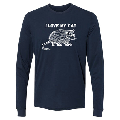 A navy, long-sleeve, funny opossum shirt for animal lovers that has an image of a possum and says, "I love my cat."