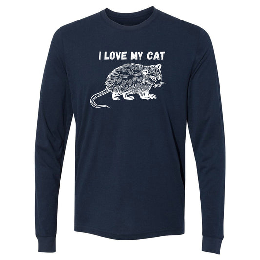 A navy, long-sleeve, funny possum shirt for animal lovers that has an image of a possum and says, "I love my cat."