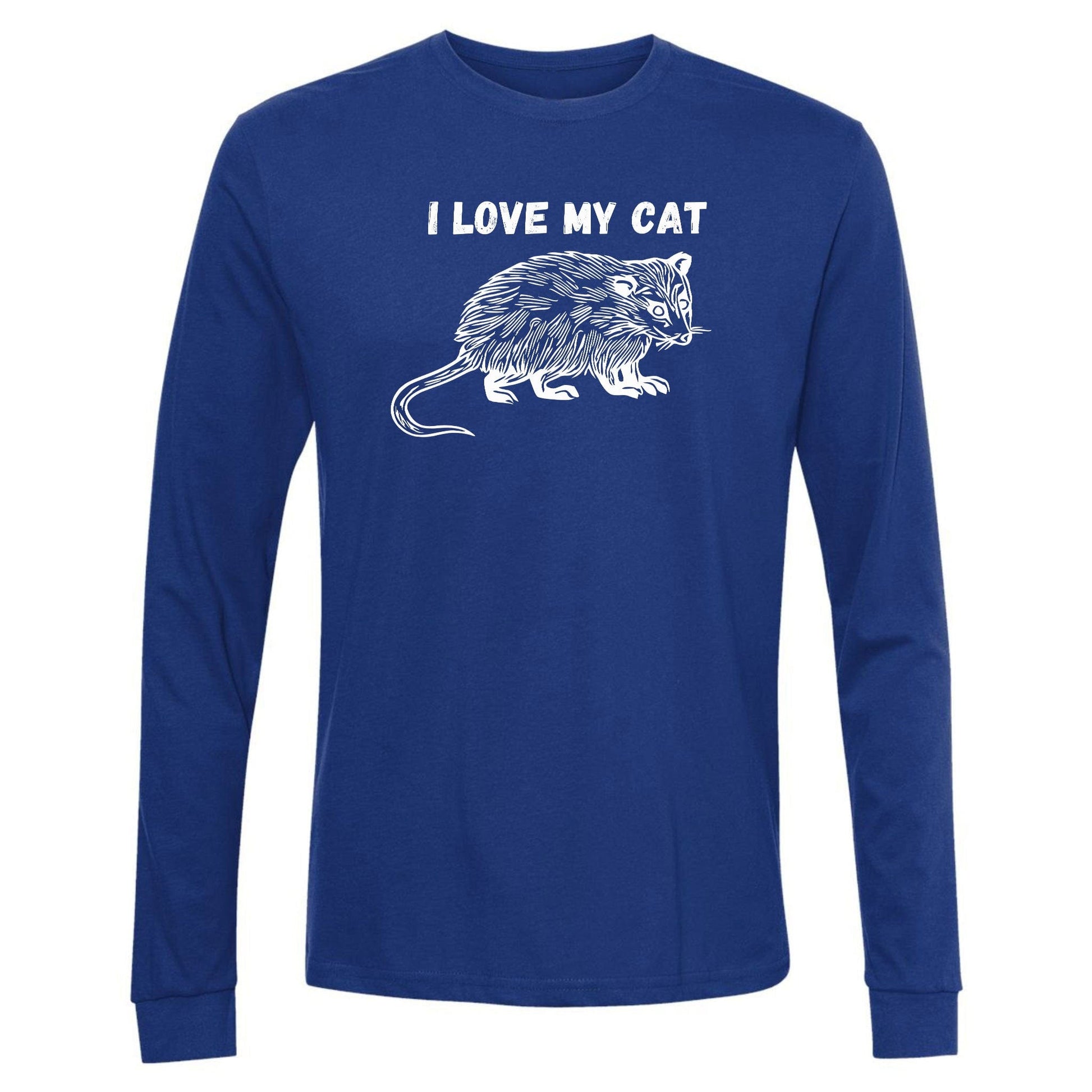 A royal blue, long-sleeve, funny opossum shirt for animal lovers that has an image of a possum and says, "I love my cat."