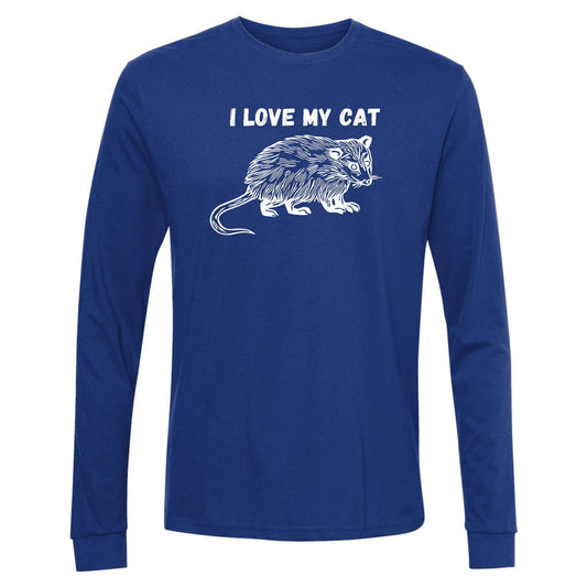 A royal blue, long-sleeve, funny opossum shirt for animal lovers that has an image of a possum and says, "I love my cat."