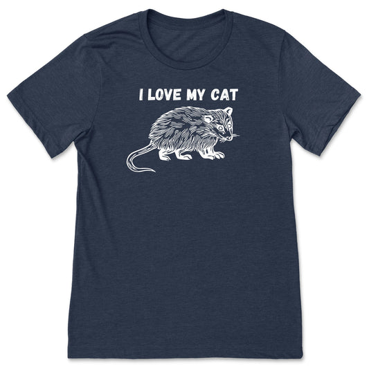 A navy blue funny possum t-shirt for nature lovers that says, "I love my cat".