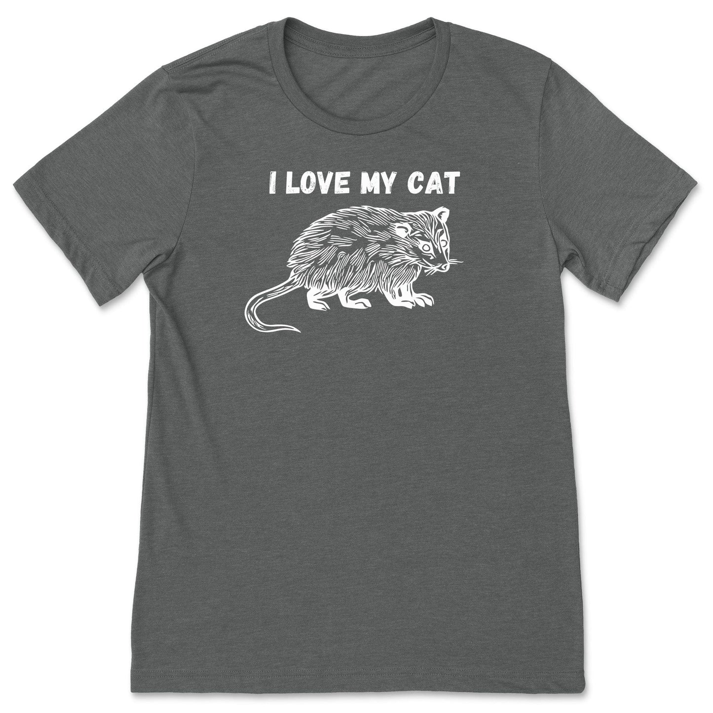 A grey funny possum t-shirt for animal lovers that says, "I love my cat".