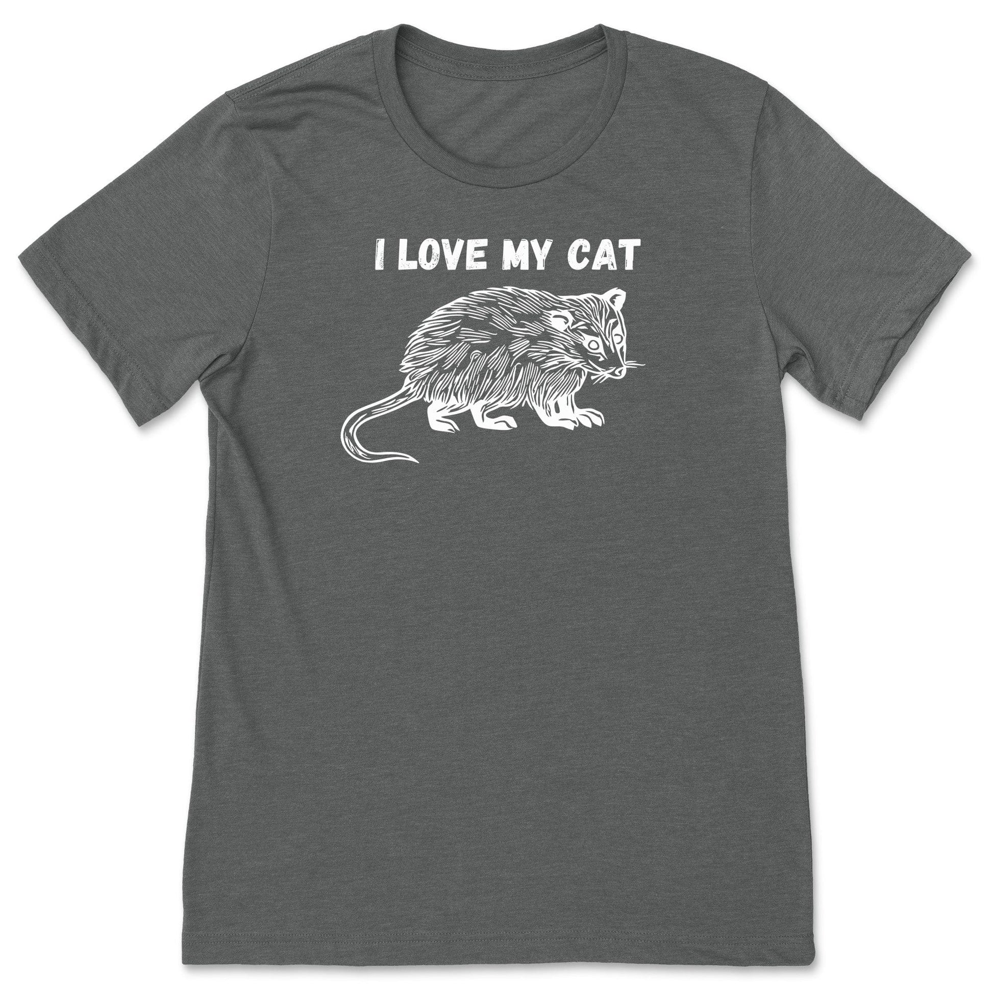 A grey funny possum t-shirt for animal lovers that says, "I love my cat".