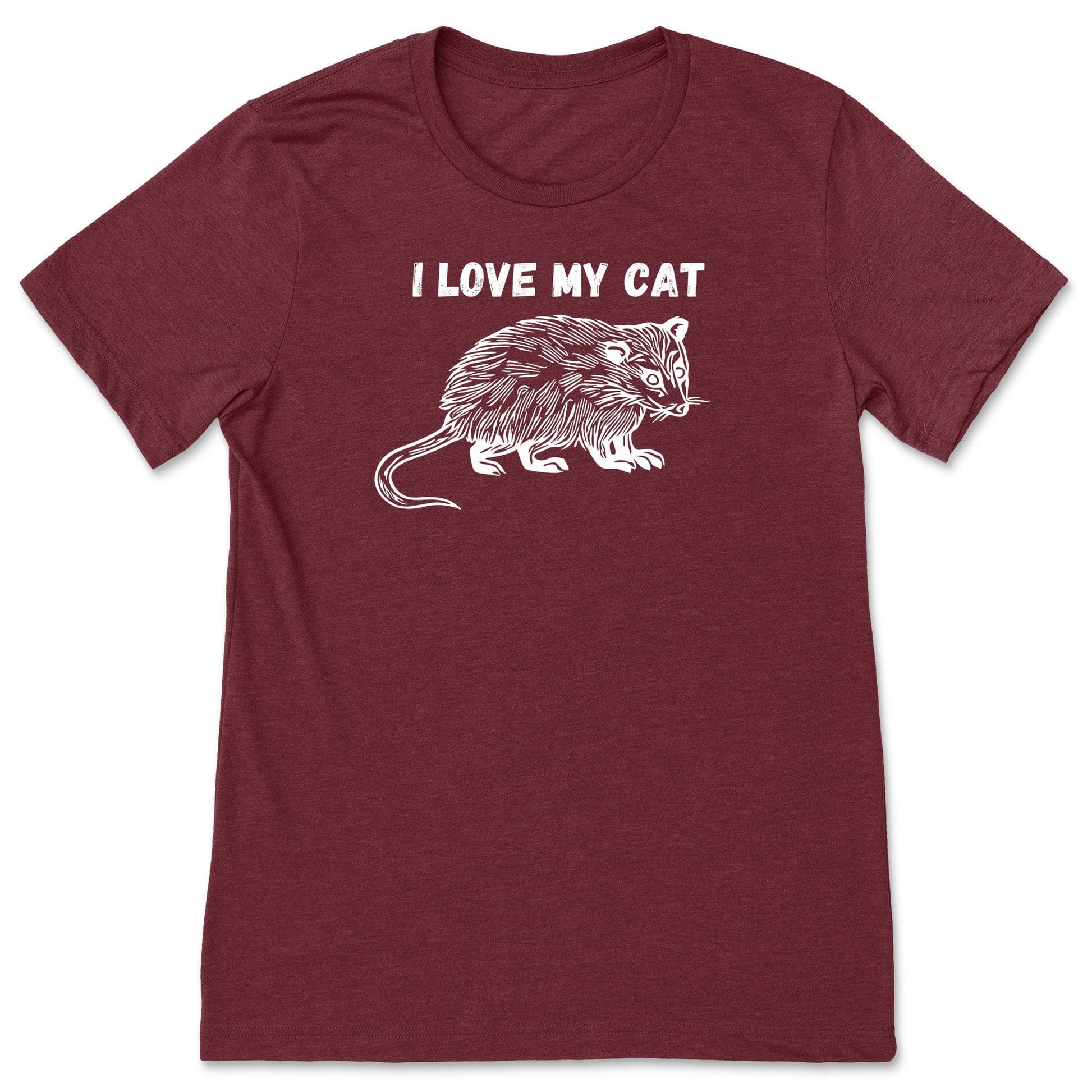 A cardinal red funny possum shirt for nature lovers that says, "I love my cat".