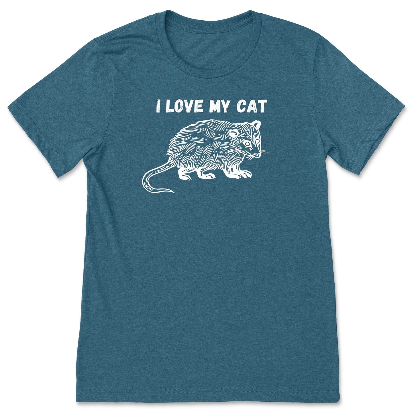 A teal funny possum t-shirt for animal lovers that says, "I love my cat".