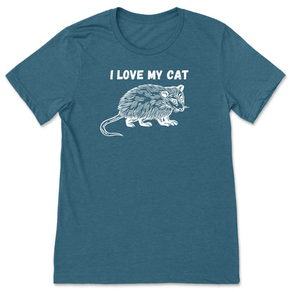 A teal funny possum t-shirt for animal lovers that says, "I love my cat".