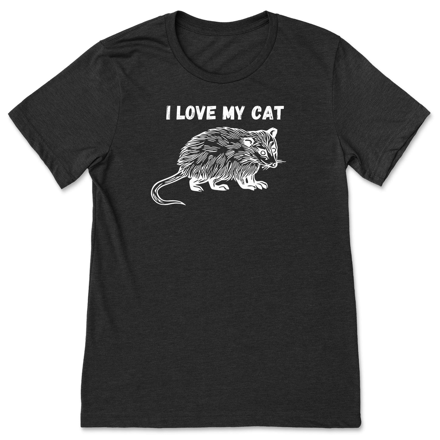 A black funny possum t-shirt for animal lovers that says, "I love my cat".