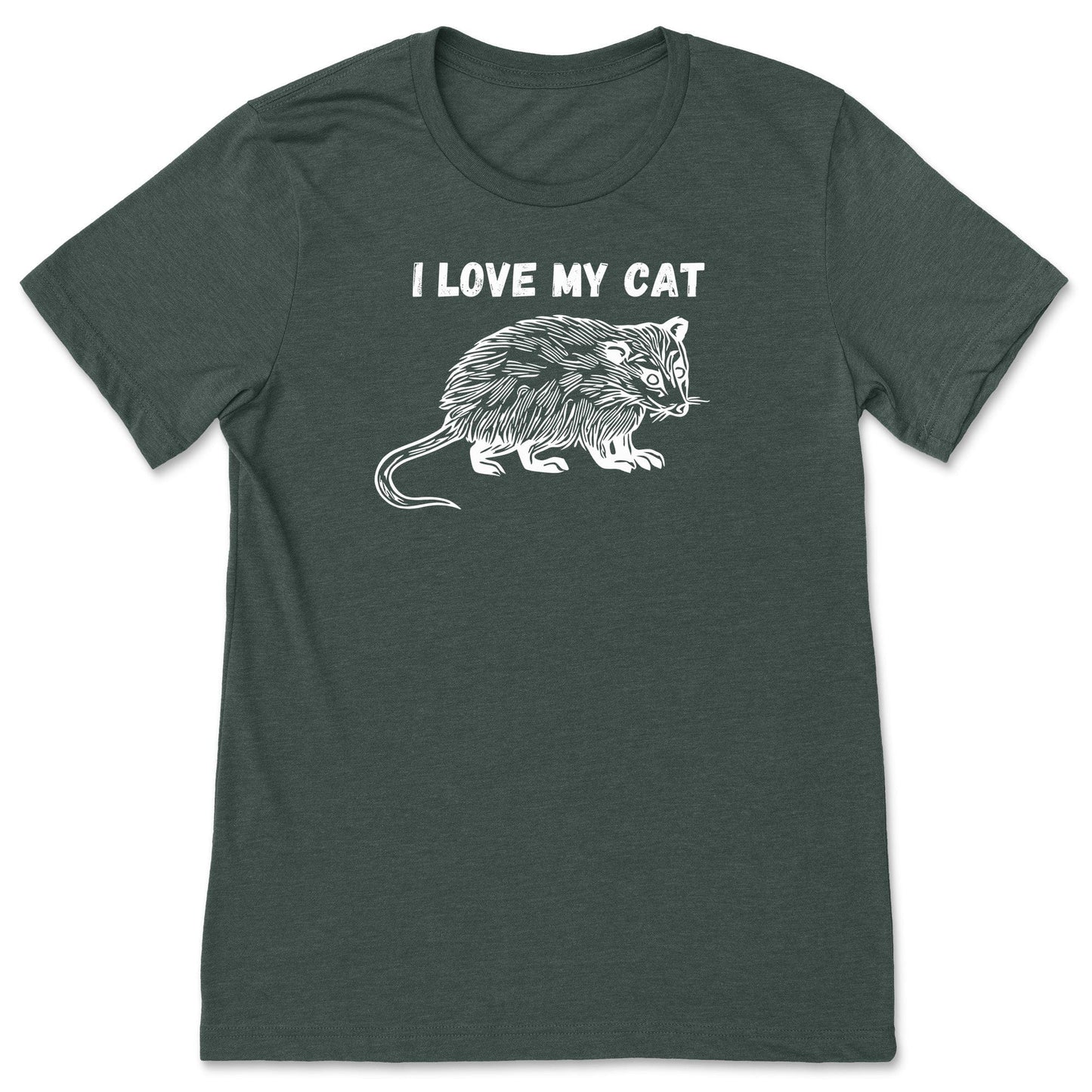 A green funny possum shirt for animal lovers that says, "I love my cat".