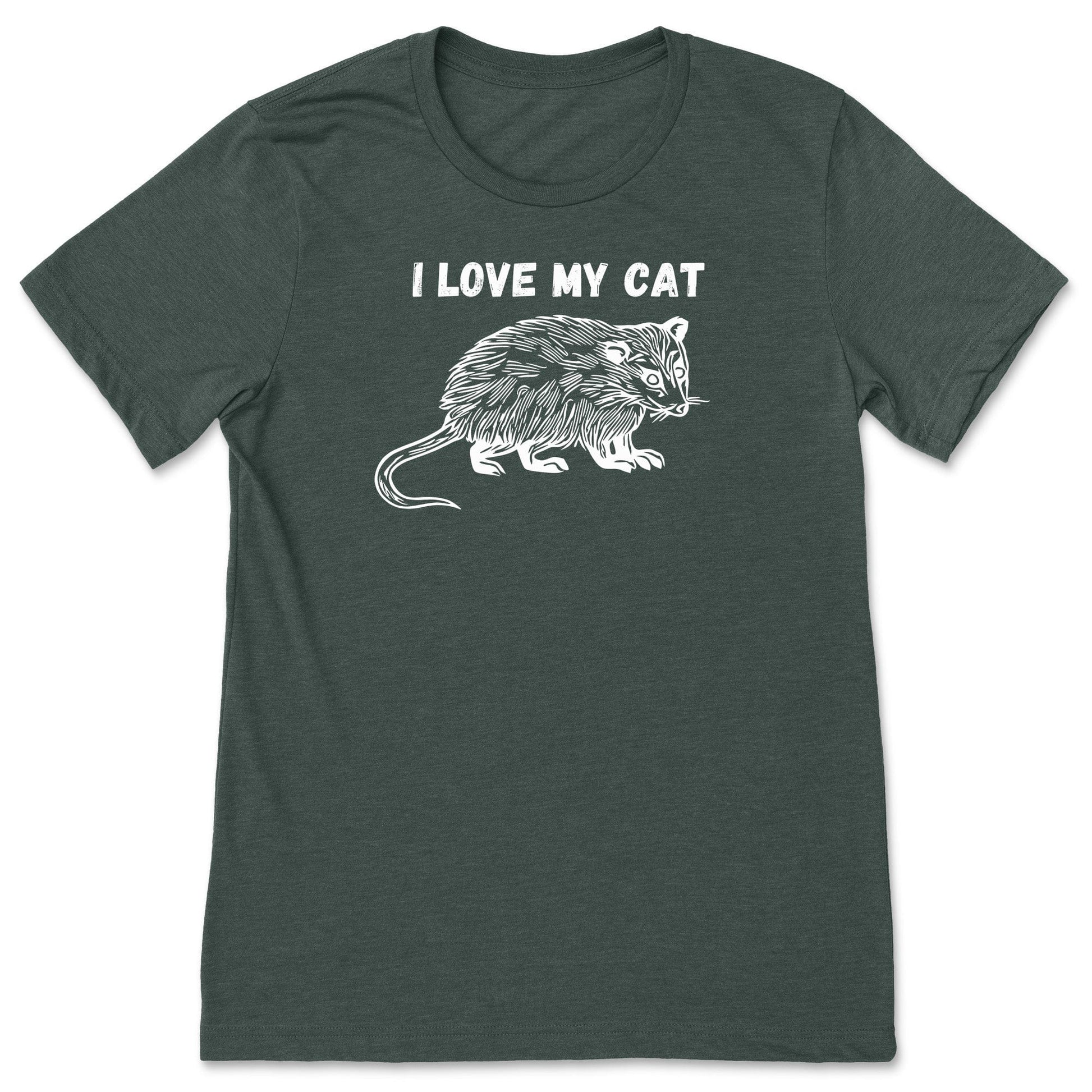 A green funny possum shirt for animal lovers that says, "I love my cat".