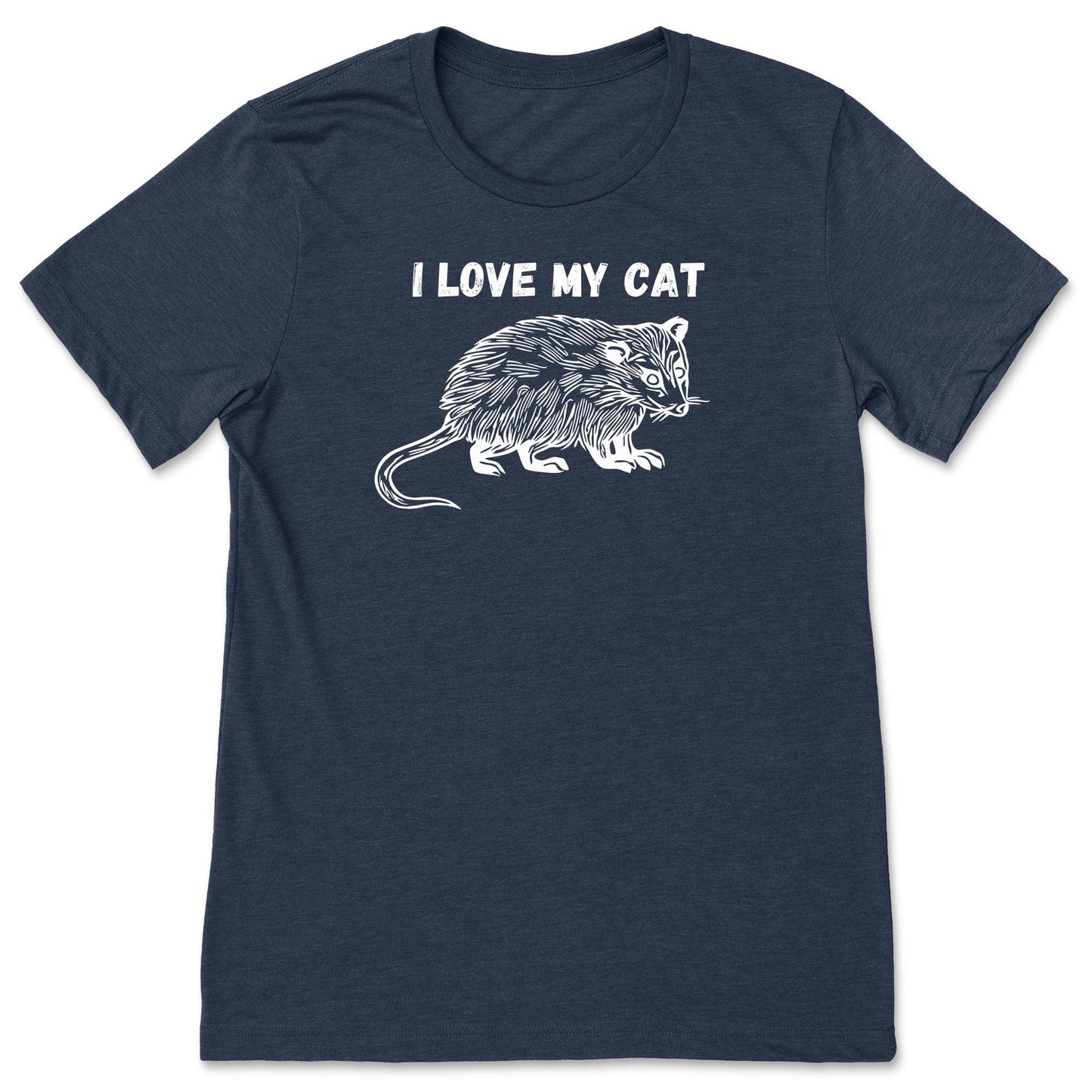 A navy blue funny possum t-shirt for nature lovers that says, "I love my cat".