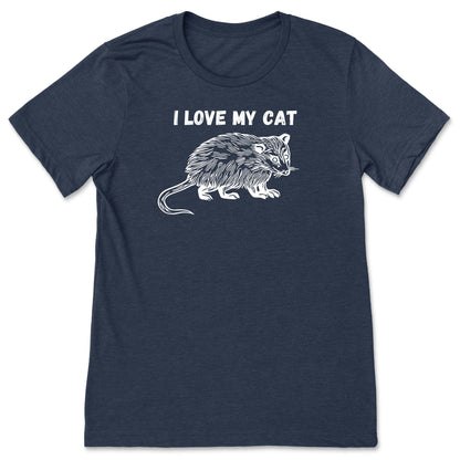 A navy blue funny possum t-shirt for nature lovers that says, "I love my cat".