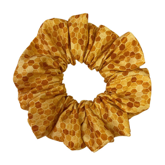 A premium, gold and yellow honeycomb 100% cotton hair scrunchie for nature and bee lovers. 
