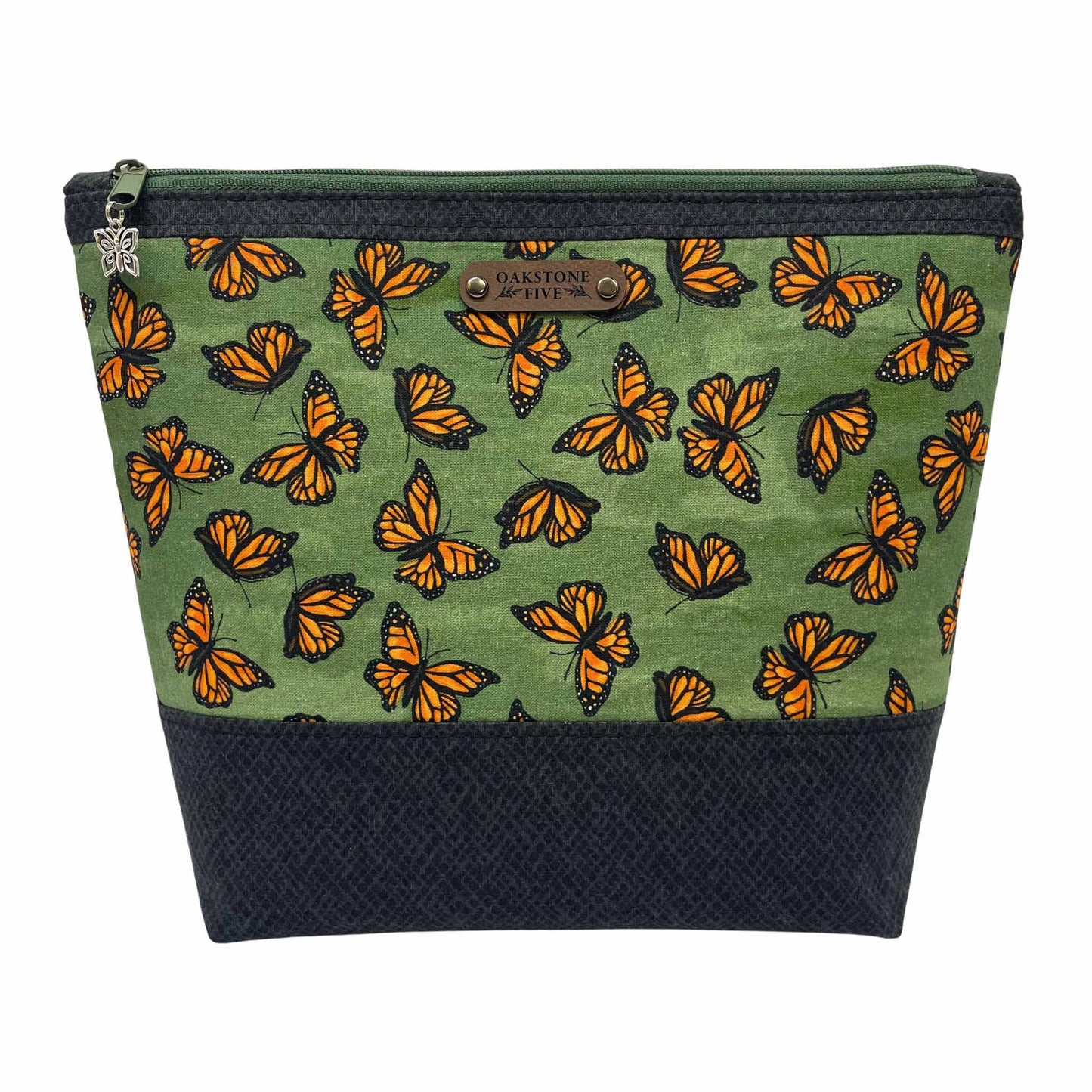 Oakstone Five green zipper pouch with orange monarch butterfly pattern