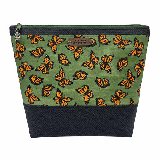 Oakstone Five green zipper pouch with orange monarch butterfly pattern