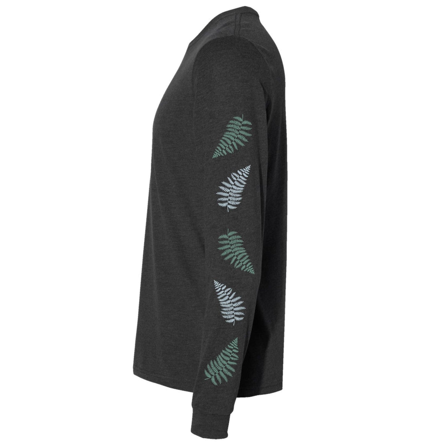 The side view of a gray, long-sleeve t-shirt for hikers and nature lovers that has fern leaves going down both of the sleeves.