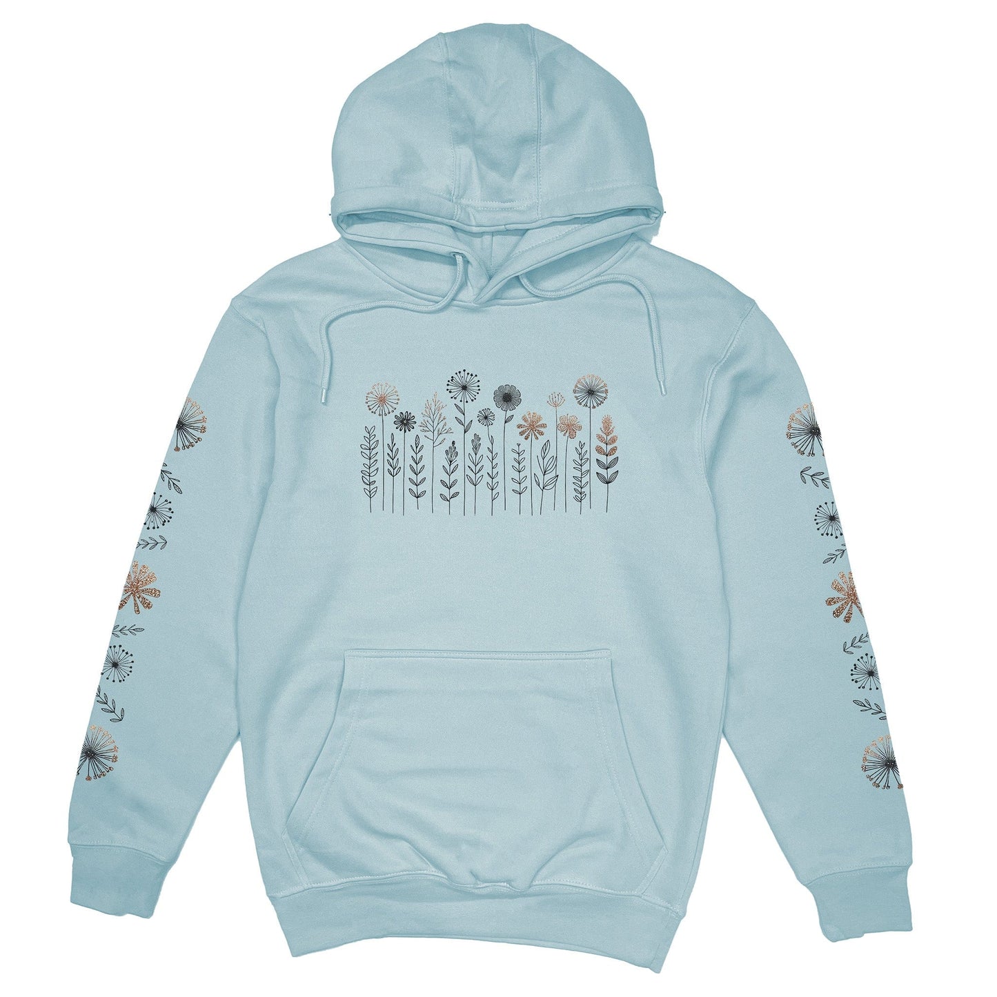 A beautiful light blue, floral print hoodie that has cute wildflowers on the front and down the sleeves.