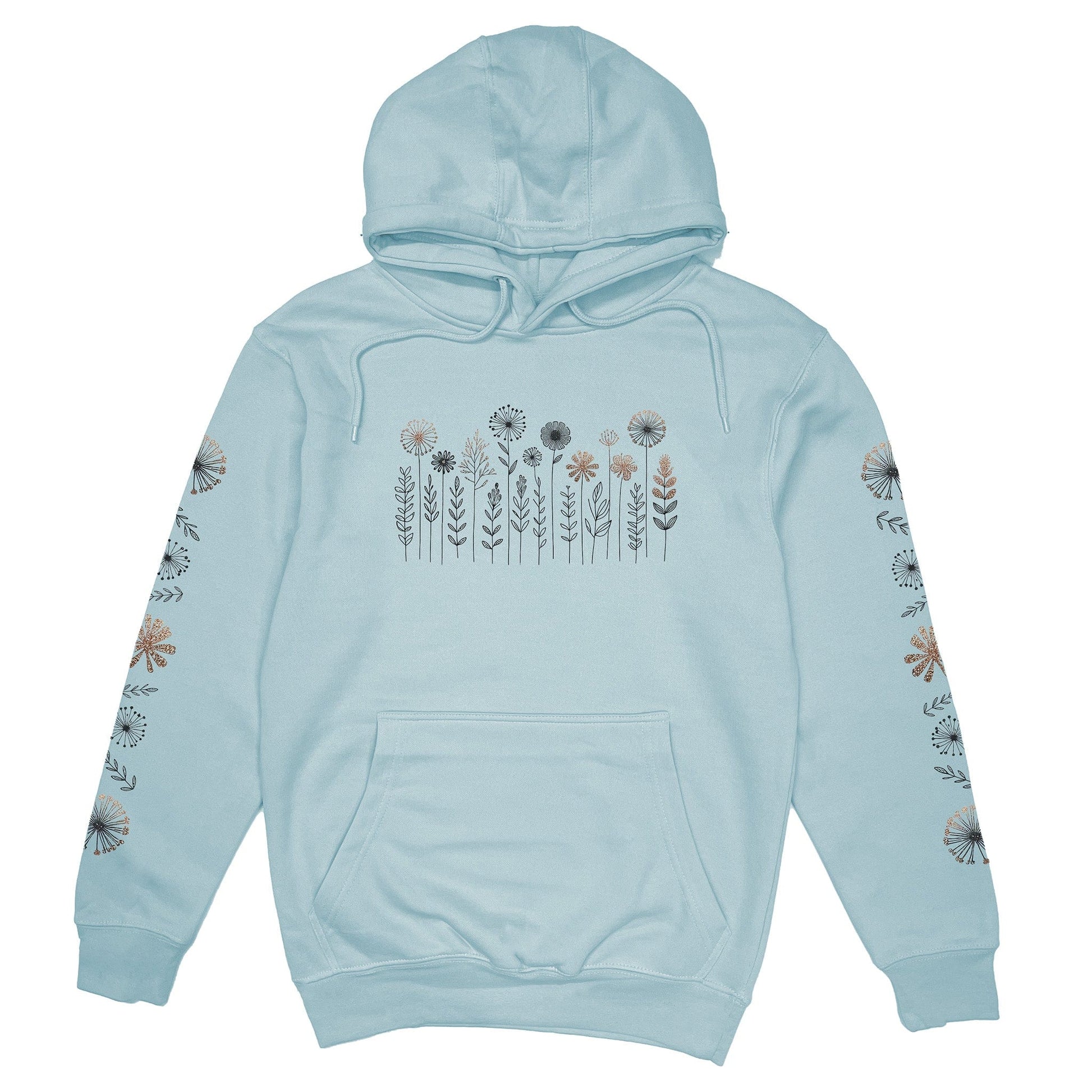 A beautiful light blue, floral print hoodie that has cute wildflowers on the front and down the sleeves.