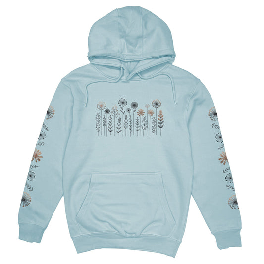 A beautiful light blue, floral print hoodie that has cute wildflowers on the front and down the sleeves.