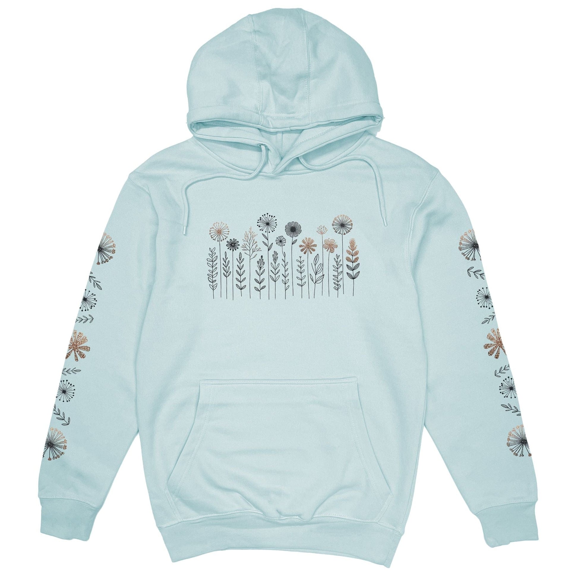 A beautiful light blue nature hoodie that has cute wildflowers on the front and down the sleeves.