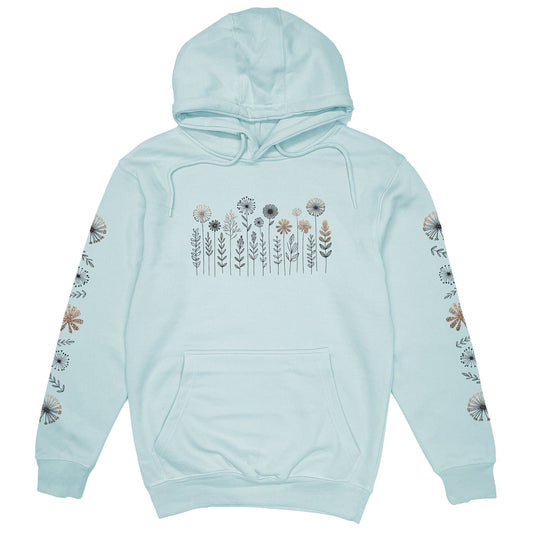 A beautiful light blue nature hoodie that has cute wildflowers on the front and down the sleeves.