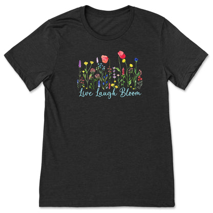 A cute, black, flower t-shirt for ladies that has bright, colorful flowers and says, Live Laugh Bloom."