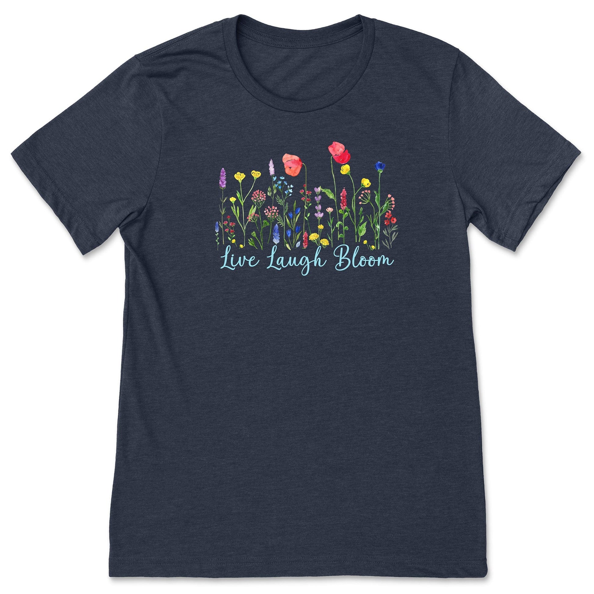 A cute, navy, floral t-shirt or ladies that has bright, colorful flowers and says, Live Laugh Bloom."