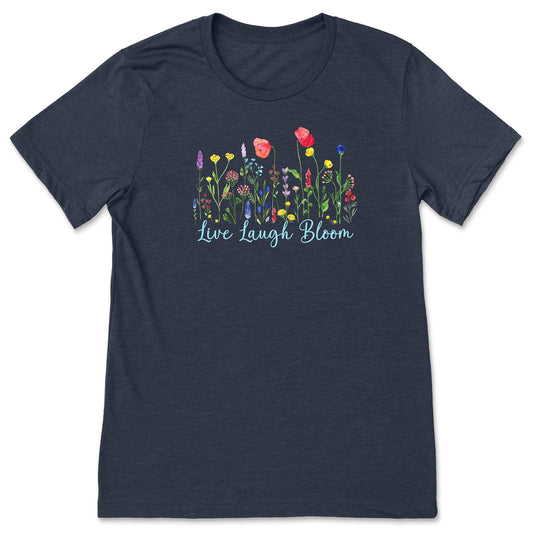 A cute, navy, floral t-shirt or ladies that has bright, colorful flowers and says, Live Laugh Bloom."
