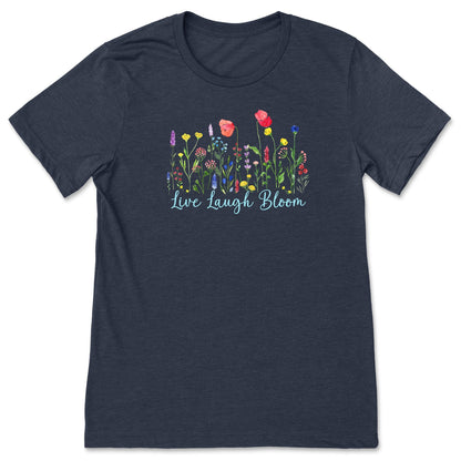 A cute, navy, flower shirt for ladies that has bright, colorful flowers and says, Live Laugh Bloom."