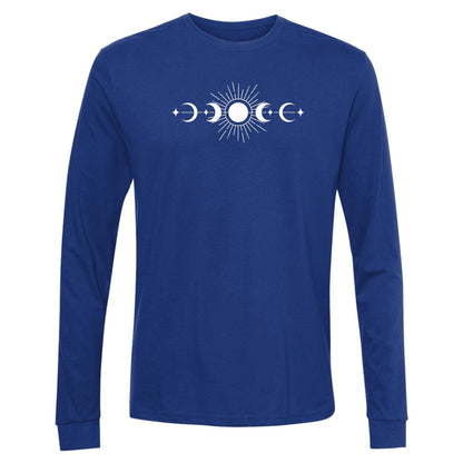 A royal blue, long-sleeve phases of the moon shirt that has a celestial design of the sun and moon phases. 