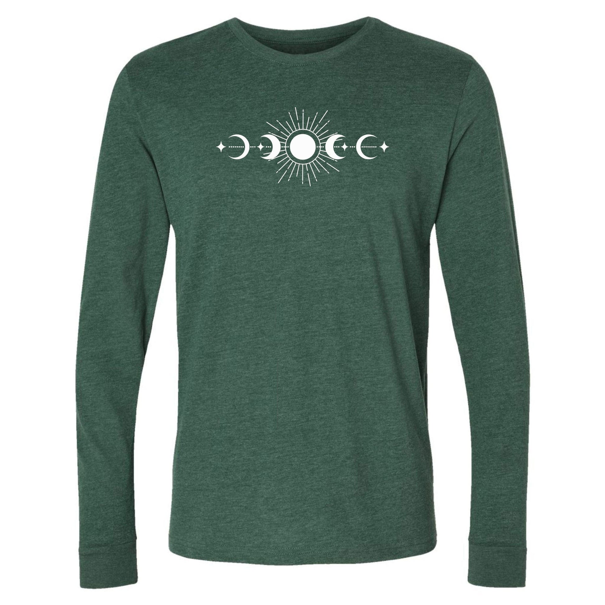 A green, long-sleeve phases of the moon shirt that has a celestial design of the sun and moon phases. 
