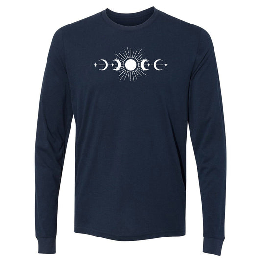 A navy, long-sleeve nature t-shirt that has a celestial design of the sun and moon phases. 