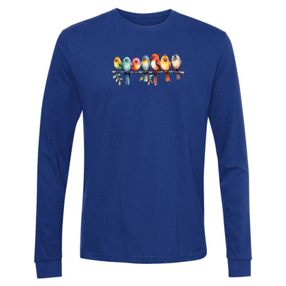 A blue, long-sleeve bird t-shirt that has a design of a row of colorful birds sitting on a tree branch. A great shirt for nature-lovers!