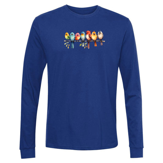 A blue, long-sleeve bird t-shirt that has a design of a row of colorful birds sitting on a tree branch. A great shirt for nature-lovers!