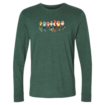 A green, long-sleeve bird t-shirt that has a design of a row of colorful birds sitting on a tree branch. A great shirt for nature-lovers!