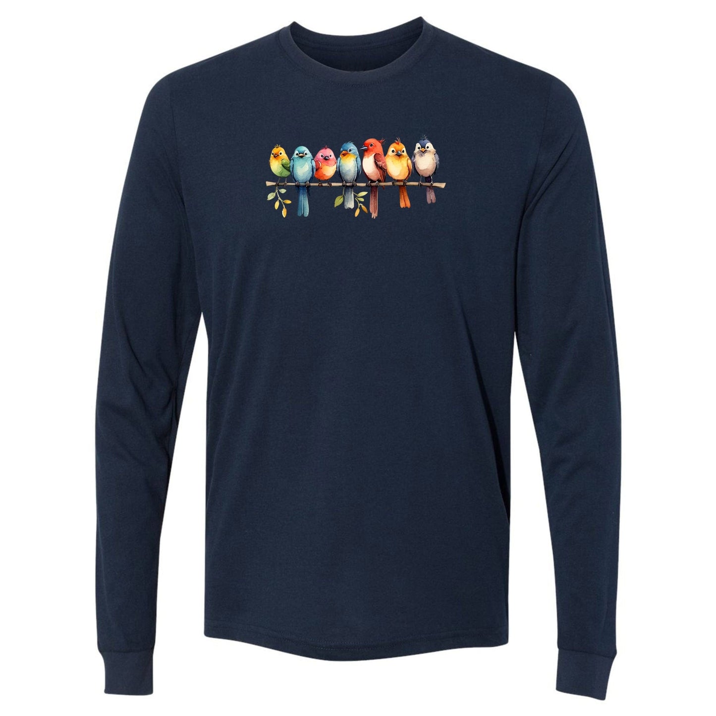A navy, long-sleeve bird t-shirt that has a design of a row of colorful birds sitting on a tree branch. A great shirt for nature-lovers!