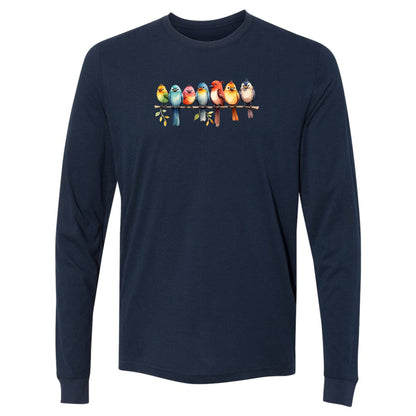 A navy, long-sleeve bird t-shirt that has a design of a row of colorful birds sitting on a tree branch. A great shirt for nature-lovers!