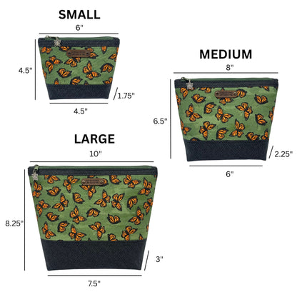 Three different sized monarch butterfly zipper pouches with their measurements on a white background