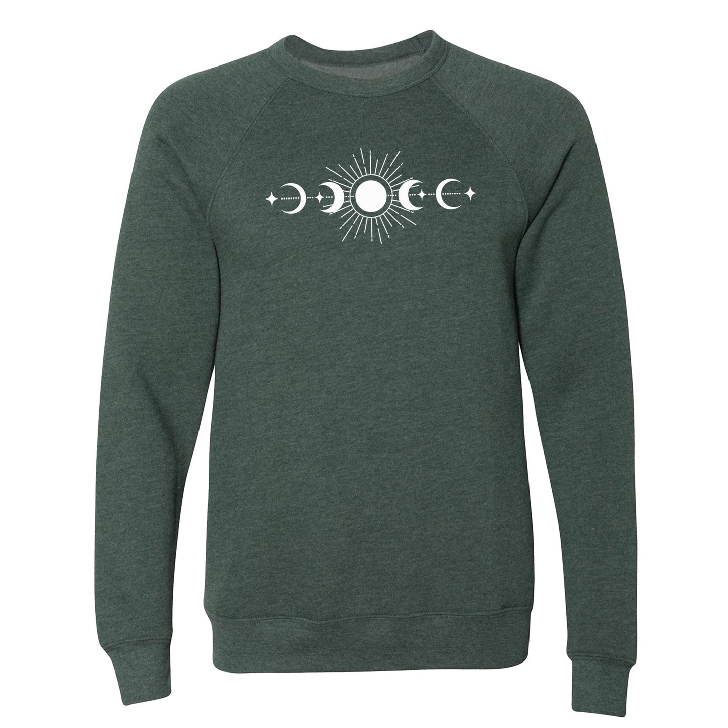 A comfy, celestial, sun and moon phases sweatshirt with raglan sleeves - a great sweatshirt for nature lovers!