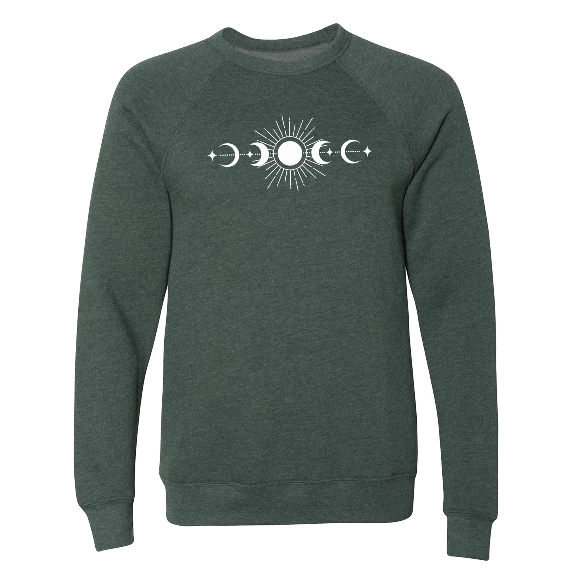 A comfy, celestial, sun and moon phases sweatshirt with raglan sleeves - a great sweatshirt for nature lovers!