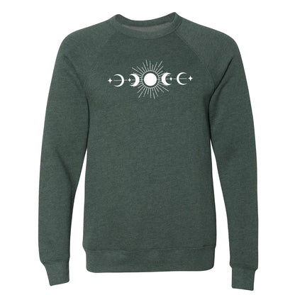 A comfy, celestial, sun and moon phases sweatshirt with raglan sleeves - a great sweatshirt for nature lovers!