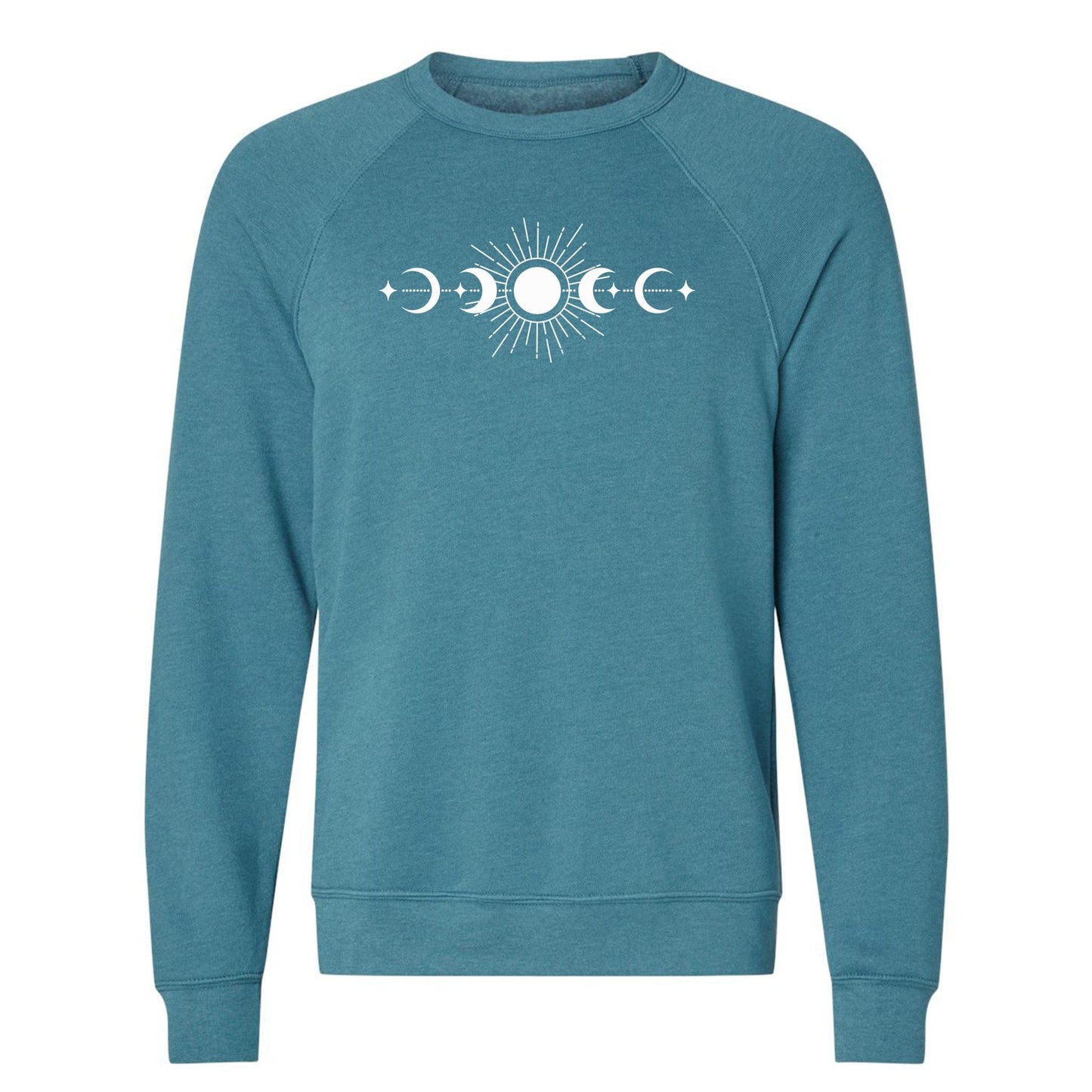 A comfy, celestial, sun and moon phases sweatshirt with raglan sleeves - a great sweatshirt for nature lovers!