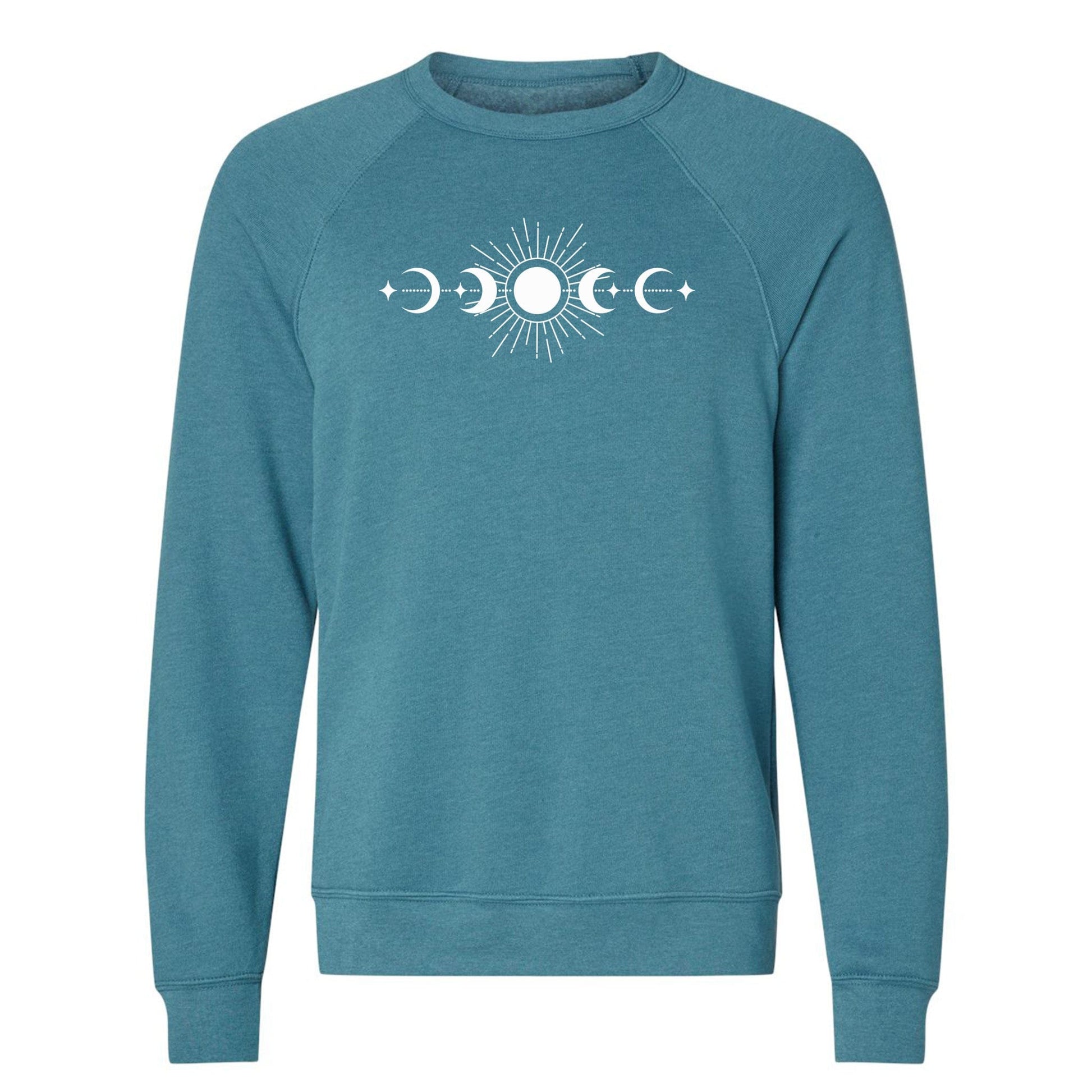 A comfy, celestial, sun and moon phases sweatshirt with raglan sleeves - a great sweatshirt for nature lovers!