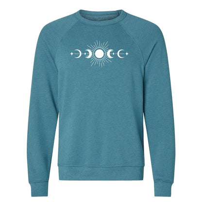 A comfy, celestial, sun and moon phases sweatshirt with raglan sleeves - a great sweatshirt for nature lovers!