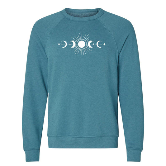 A comfy, celestial, sun and moon phases sweatshirt with raglan sleeves - a great sweatshirt for nature lovers!