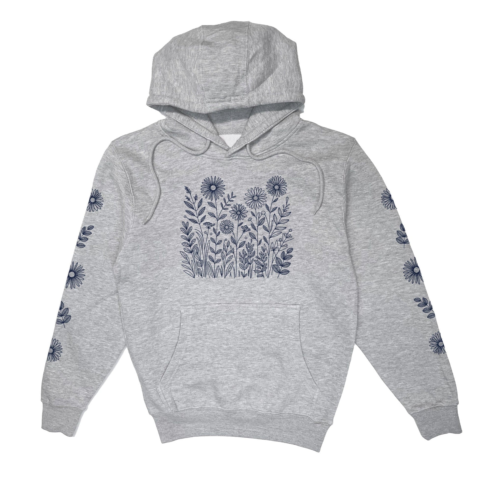 Light gray hoodie with floral patterns of navy wildflowers on the front and down both sleeves.