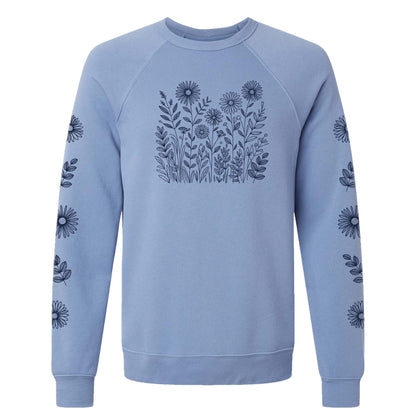 Light purple sweatshirt with floral pattern on the front and sleeves, on a white background