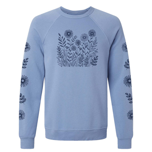 Light purple sweatshirt with floral pattern on the front and sleeves, on a white background